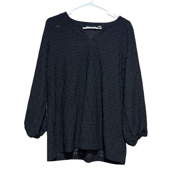Susan Graver Tops - Susan Graver Passport Women's M Black Eyelet V-Neck Top Puff Sleeve Knit Coverup